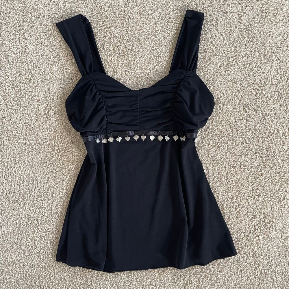 Y2K Vintage Black Smocked Stretchy Silver-Tone Charms Babydoll Fairy Top- Size S